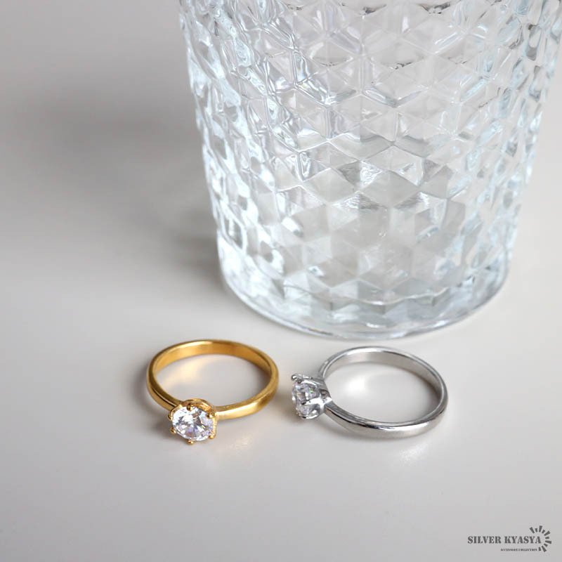 ステンレス 一粒リング 爪留め 2カラー レディース 指輪 マリッジリング ウェディングリング 結婚指輪 婚約指輪 ストーンリング ソリティア シンプル 上品 きれいめ 華奢 ブライダル セレモニー ジュエリー アクセサリー