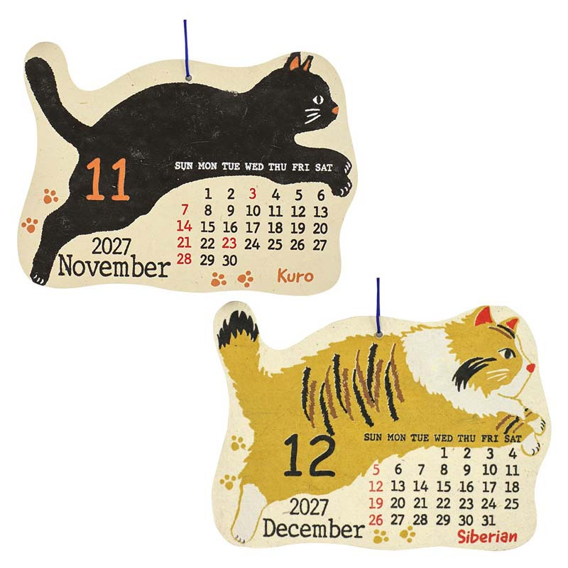 2027年 カレンダー 猫 壁掛け フライングキャット  シェイプカレンダー  にゃんこ 猫 壁掛け 年間 ポスター おしゃれ かわいい 壁 2027年  飾り 新作 令和9年暦 ねこ ロクタ紙 ネパール ハンドペイント 猫雑貨 キャット ミケ シロ クロ 手書き風