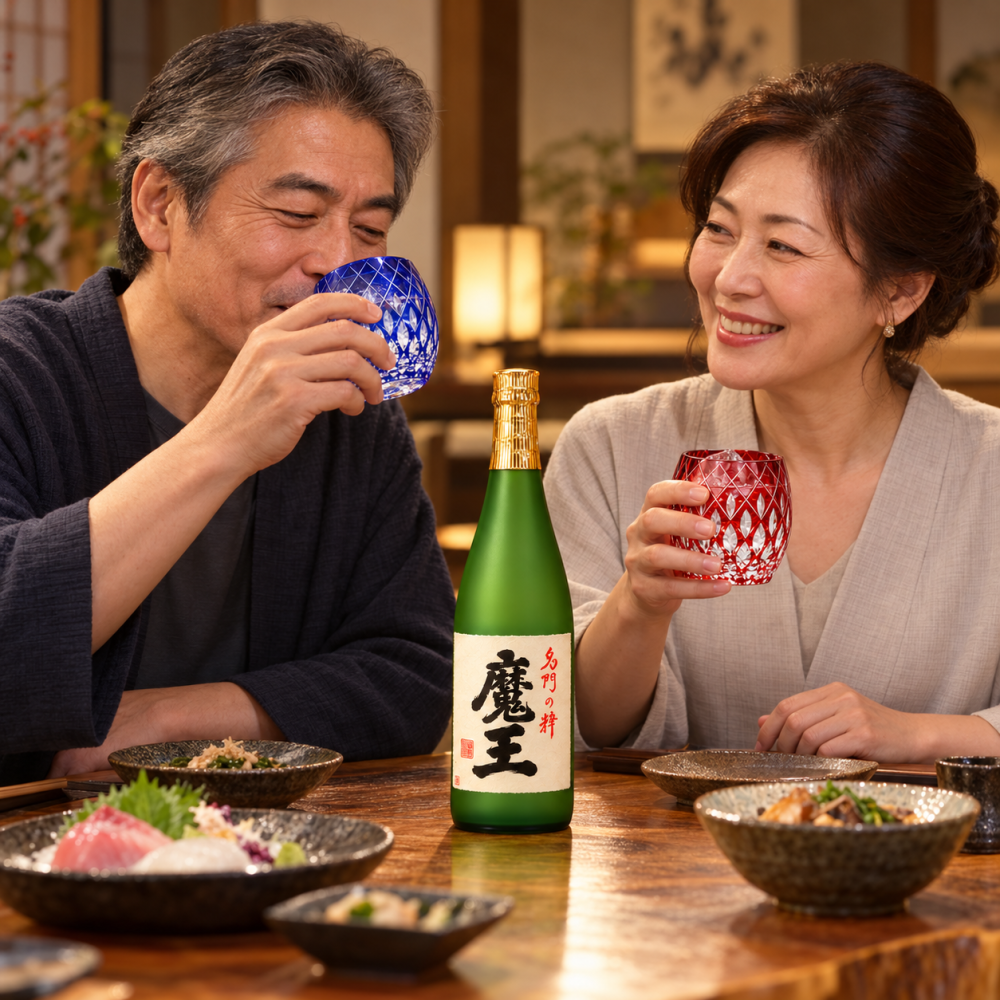 退職 異動 名入れ ペアギフト SXX 酒セット 芋焼酎 白玉醸造 魔王 720ml & 切子 丸型ロックグラス 玉響 青 赤 2点 紐リボン・コサージュ付 ギフトBOX入り / プレゼント ギフト 両親 夫婦 結婚 金婚式 銀婚式 退職 記念 誕生日 長寿 祝い 数量限定