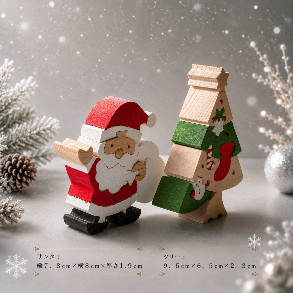 クリスマスツリーとサンタクロースの組み木セット｜木製クリスマス飾り｜冬のインテリア・置き物｜ハンドメイド