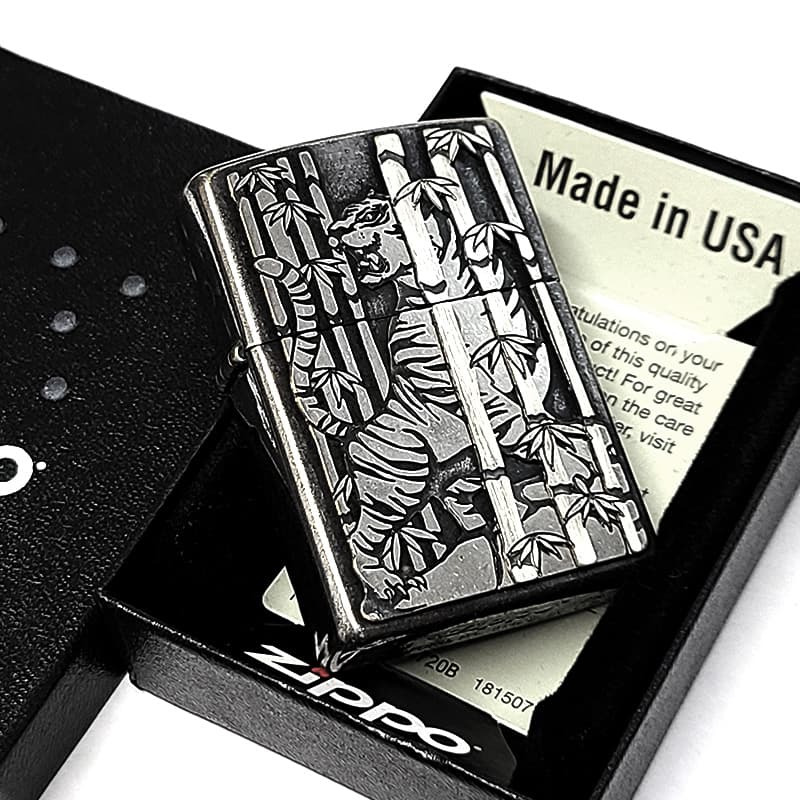 ZIPPO ライター 虎 アンティークシルバー メタル重ね貼り ジッポ クロームバレル 和柄 日本 おしゃれ タイガー かっこいい ギフト プレゼント メンズ 渋い