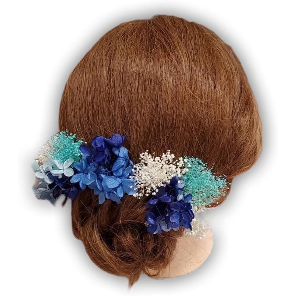 髪飾り ターコイズブルー ヘアアクセサリー ヘッドドレス プリザーブドフラワー ドライフラワー かすみ草 紫陽花 アジサイ 青 水色 ネイビー 結婚式 ウェディング ブライダル 和装 白無垢 色打掛 振袖 袴 成人式 卒業式 浴衣 七五三 前撮り 発表会 着物 花 髪留め パーティー ルルズ Lulu＊s