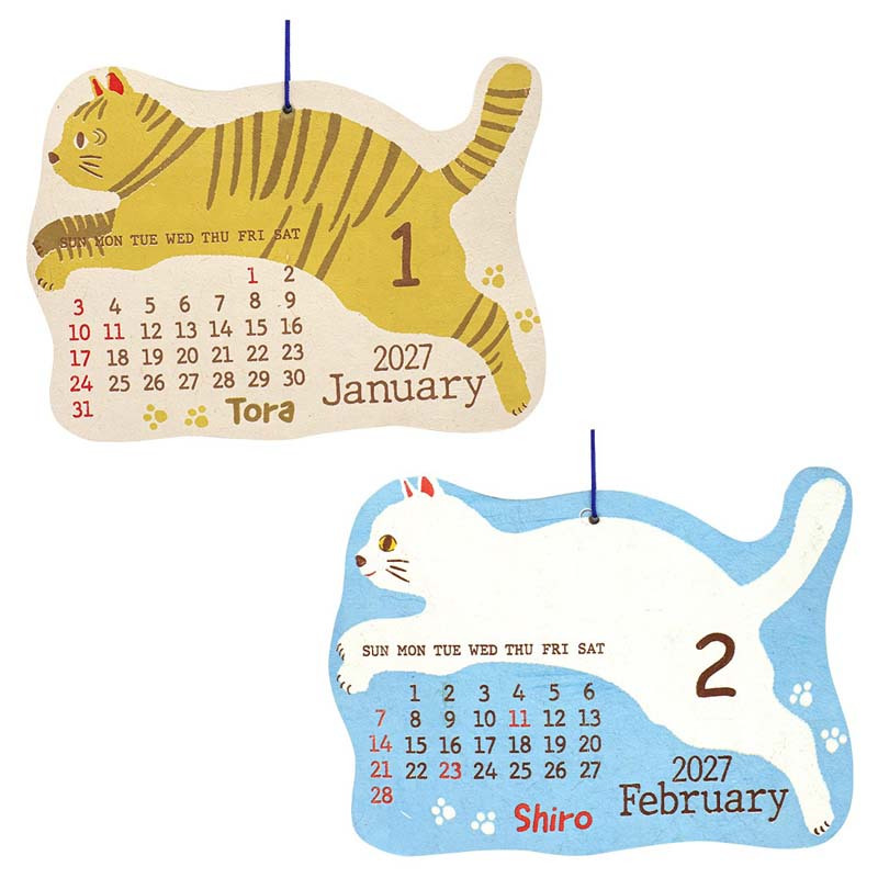 2027年 カレンダー 猫 壁掛け フライングキャット  シェイプカレンダー  にゃんこ 猫 壁掛け 年間 ポスター おしゃれ かわいい 壁 2027年  飾り 新作 令和9年暦 ねこ ロクタ紙 ネパール ハンドペイント 猫雑貨 キャット ミケ シロ クロ 手書き風