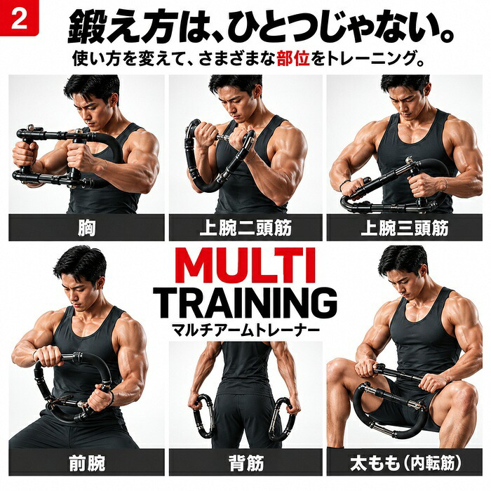 昔懐かしのマルチアームトレーナー / アームトレーナー 筋トレ器具 胸筋 上腕二頭筋 上腕三頭筋 前腕 手首 腹筋 背筋 内転筋 3段階負荷 宅トレ 家トレ コンパクト 全身運動 / これ1台で上半身から全身まで多角的に鍛えられる本格トレーニング器具