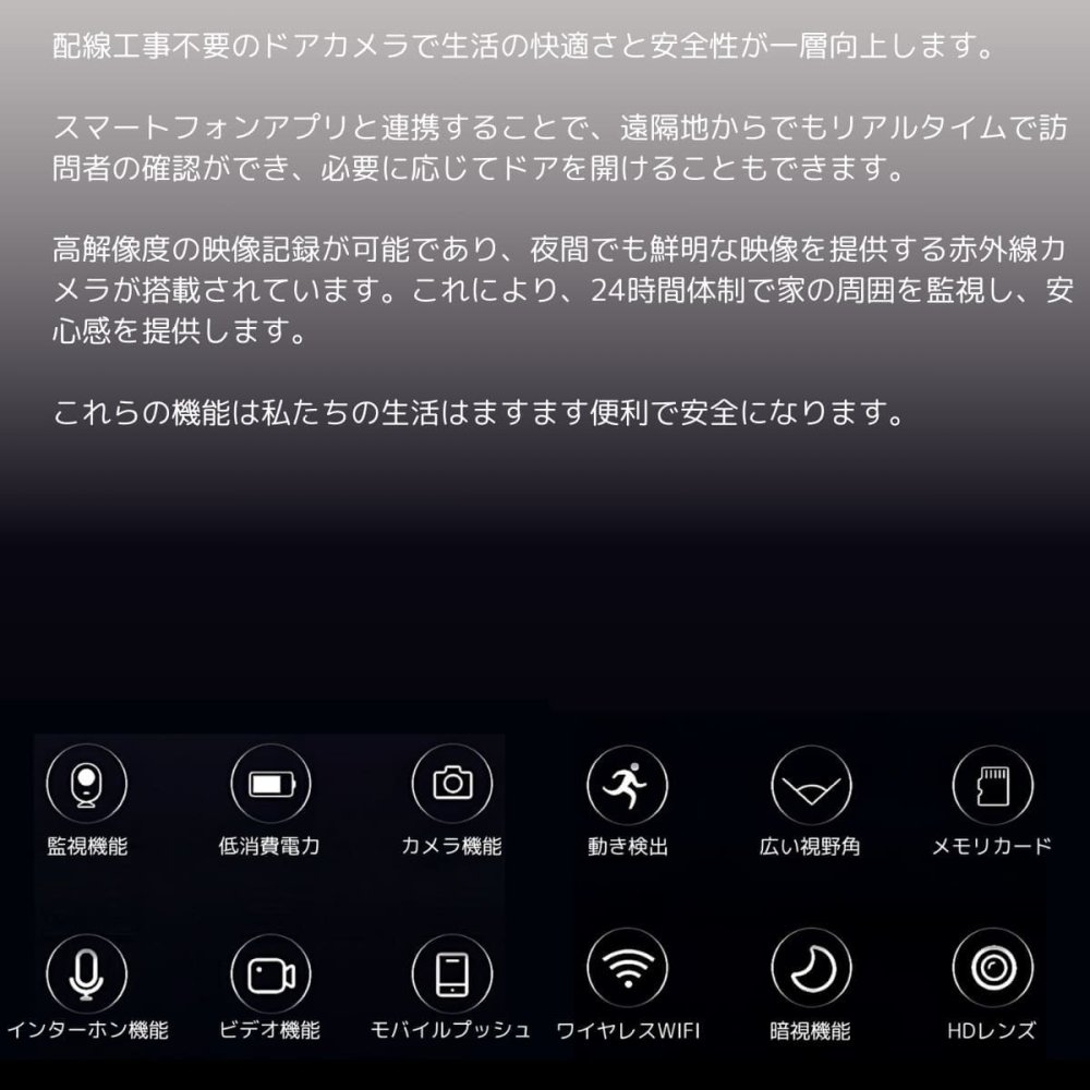 ドアカメラ   MV01  WIFI式インターホン   ドアフォン   防犯   動体検知   ミリオンHD   155度 広角レンズ   赤外線照射機能   防水IP54   双方向オーディオの機能   住宅設備ドアホン   インターホン   設置も簡単   ※注意点 2.4GHzのWiFiのみに対応。