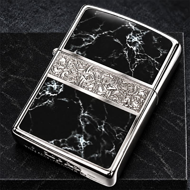 ZIPPO かっこいい アラベスク＆黒大理石 ジッポライター Arabesque Marble 両面加工 彫刻 シルバー ブラック ギフト おしゃれ 黒銀 メンズ プレゼント 送料無料