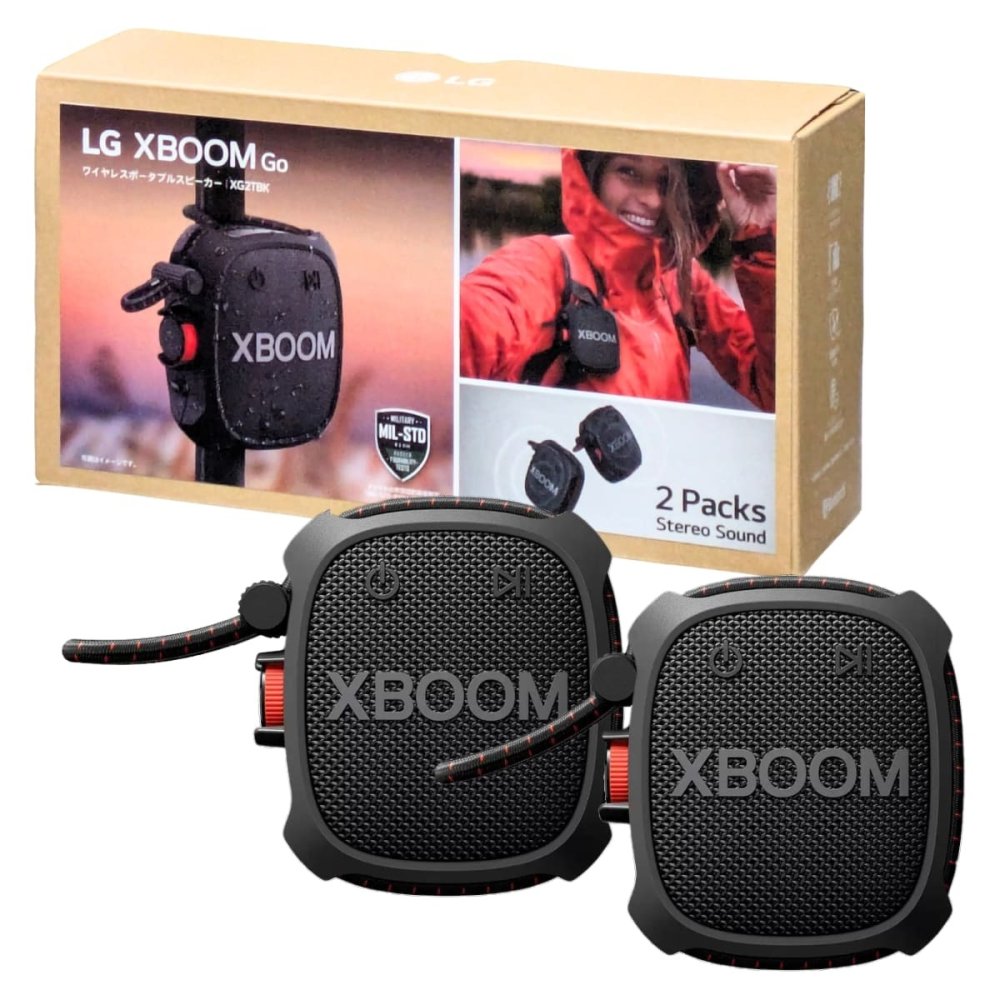 LG XBOOMGo スピーカー XG2T   ワイヤレスポータブルスピーカー   2個パック   万能ストラップで結べる   低音強化   迫力のある音   アウトドアを盛り上げる、ポータブルスピーカー