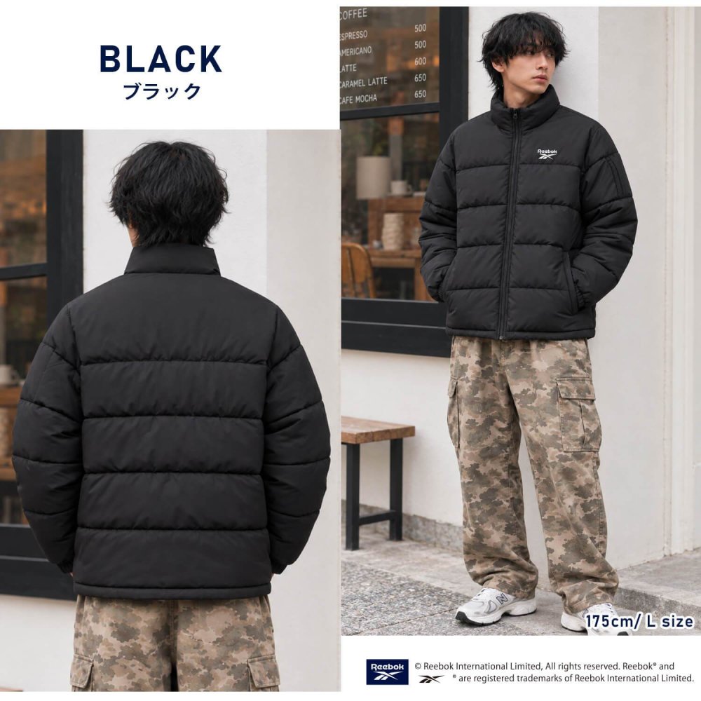 Reebok リーボック 中綿ジャケット メンズ 長袖 アウター スタンドカラー フルジップ  軽量 防寒 あたたかい ロゴ スポーツ ブランド 大きいサイズ ゆったり ユニセックス 大人 カジュアル アウター 春 秋 冬 M L LL 黒 別注 2026fw karlas