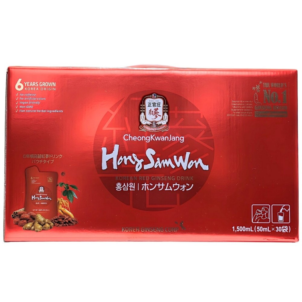 ホンサムウォン　正官庄　紅蔘元　ドリンク　50ml×30袋　コンパクト　高麗紅蔘エキス（1袋あたり約180 mg）ナツメ、ショウガ、シナモン、クコをブレンド【輸入者：株式会社韓国人公社ジャパン】