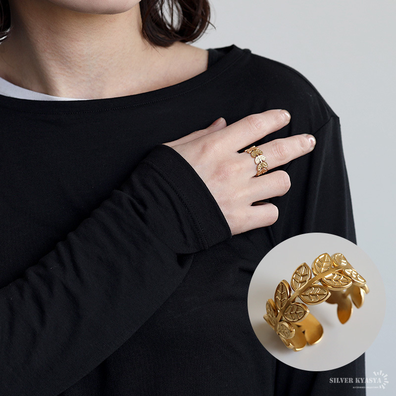 ステンレス ローレルリング 2カラー リーフリング 18KGP ゴールド gold シルバー ローリエ オープンリング フリーサイズ レディース 女性 指輪 金属アレルギー対応