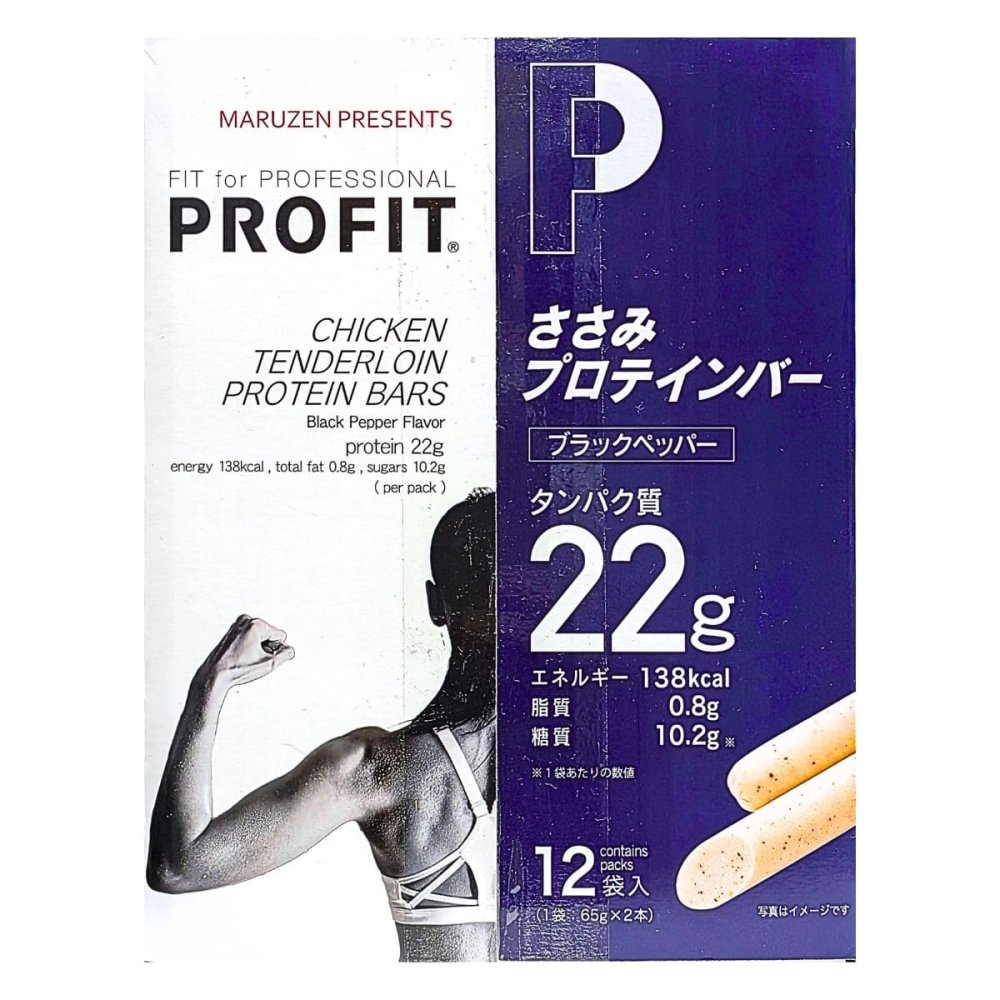 丸善　PROFIT　ささみプロテインバー　ブラックペッパー味　1560g(130g×12袋)　1袋に65g×2本入り　タンパク質22g　日本製　#67608　低カロリー　高タンパク　スポーツ　健康志向　おやつ　まとめ買い [賞味期限:2026.12.15迄]