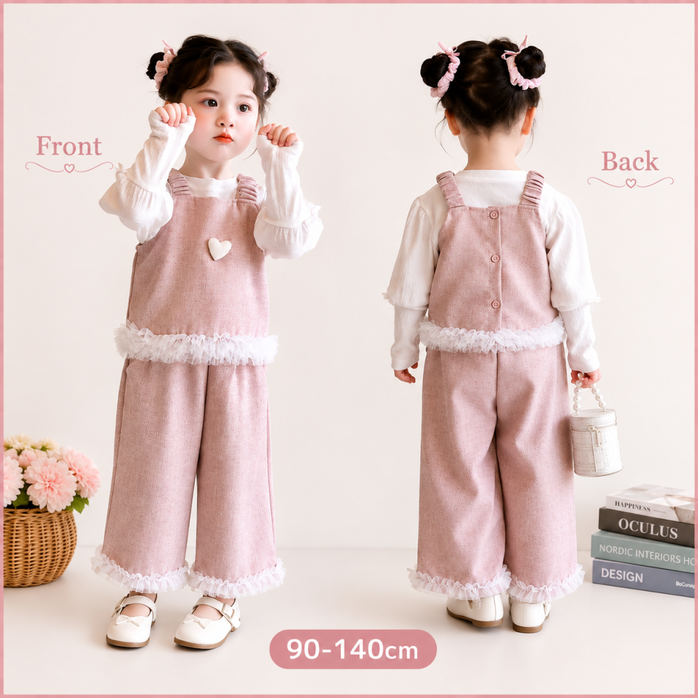 キッズ セットアップ 3点セット 女の子 子供服 長袖Tシャツ キャミソールトップス ワイドパンツ フリル ハート 春 秋 冬 おしゃれ 可愛い 姉妹コーデ お揃い 90 100 110 120 130 140cm