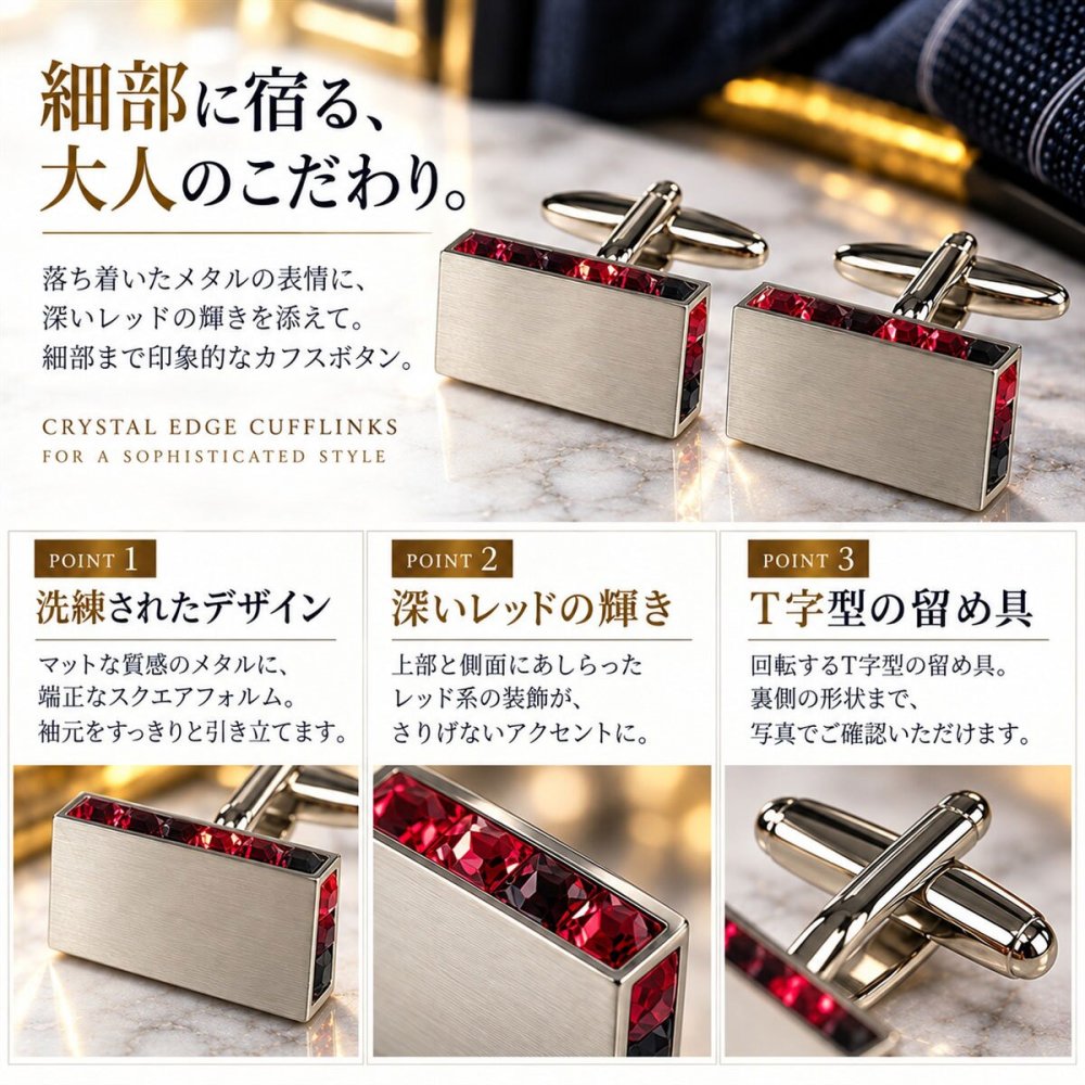 鎌倉カフス工房 エッジ レッドクリスタル カフスボタン ec148 赤 カフリンクス メンズ 結婚式 プレゼント ギフト 誕生日