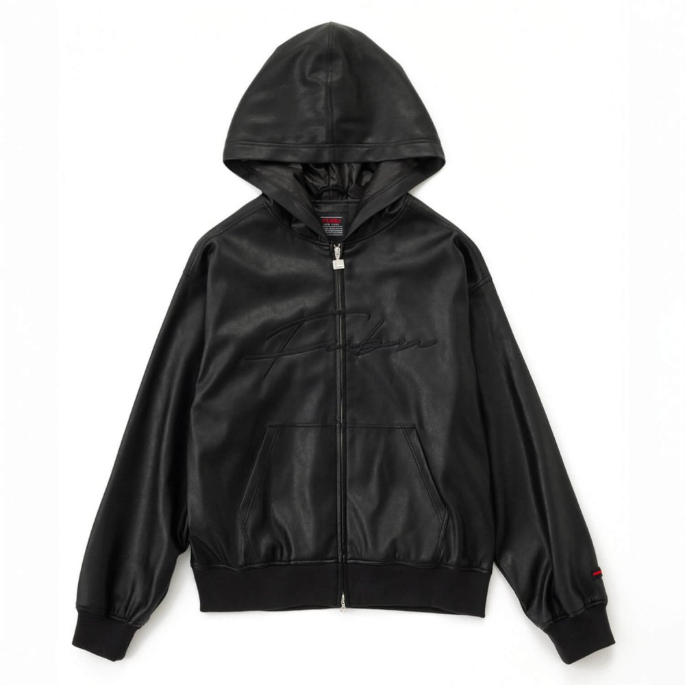 FUBU フブ レザージャケット メンズ レディース fam-62300 フェイクレザー ジップ フーディー パーカー ブルゾン 合皮 スクリプトロゴ 刺繍 ビッグシルエット ストリート ヒップホップ ダンス カジュアル M L XL XXL 2026FW Karlas