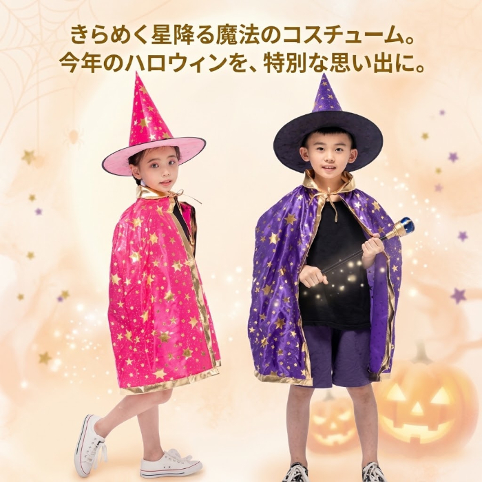ハロウィン コスプレ 子供 魔法使い 魔女 仮装 キッズ コスチューム 星柄 マント 帽子 2点セット 女の子 男の子 ハロウィンパーティー イベント 文化祭 発表会 キッズ衣装