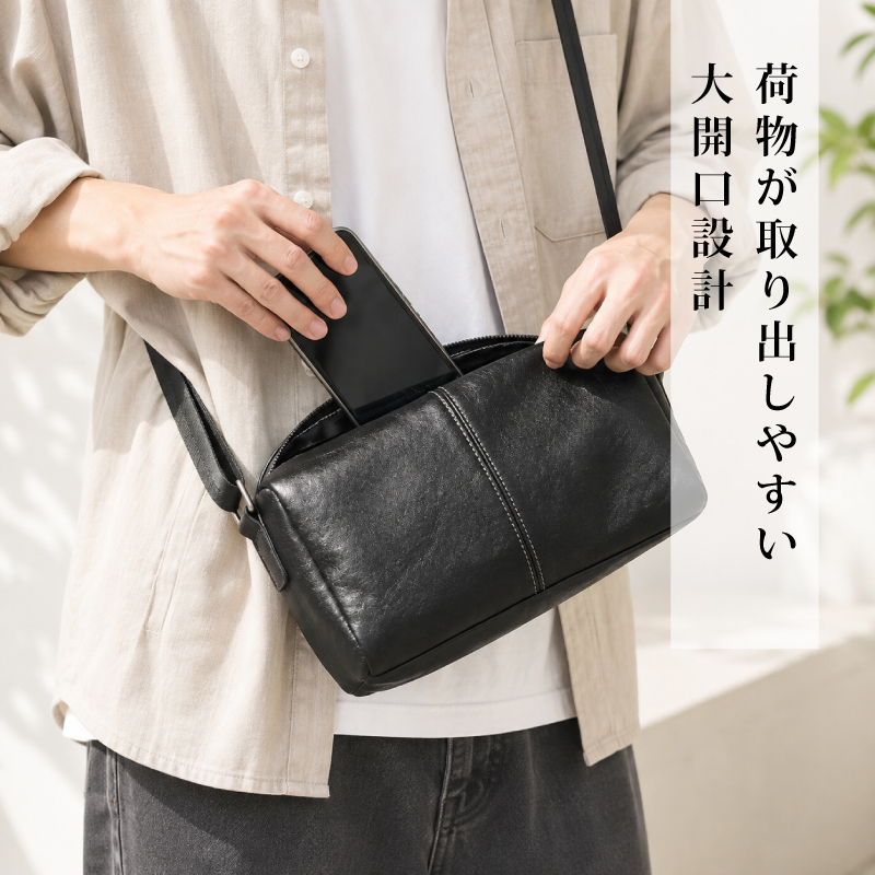 本革 ショルダーバッグ メンズ レディース 斜めがけ 牛革 2WAY 大容量 軽量 レザー 肩掛け ユニセックス シンプル おしゃれ ファスナー ポケット 通勤 通学 旅行 黒 ブラック