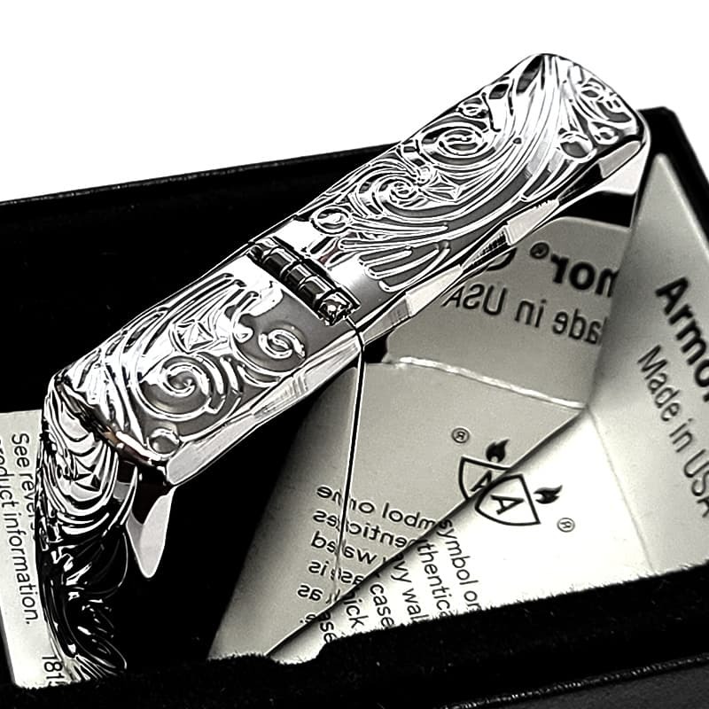 ZIPPO ライター アーマー ストリームエングレーブ 三面彫刻 ジッポ 鏡面仕上げ 両面加工 シャインレイカット ニッケルミラー アラベスク シルバー かっこいい 重厚 高級 おしゃれ メンズ ギフト プレゼント