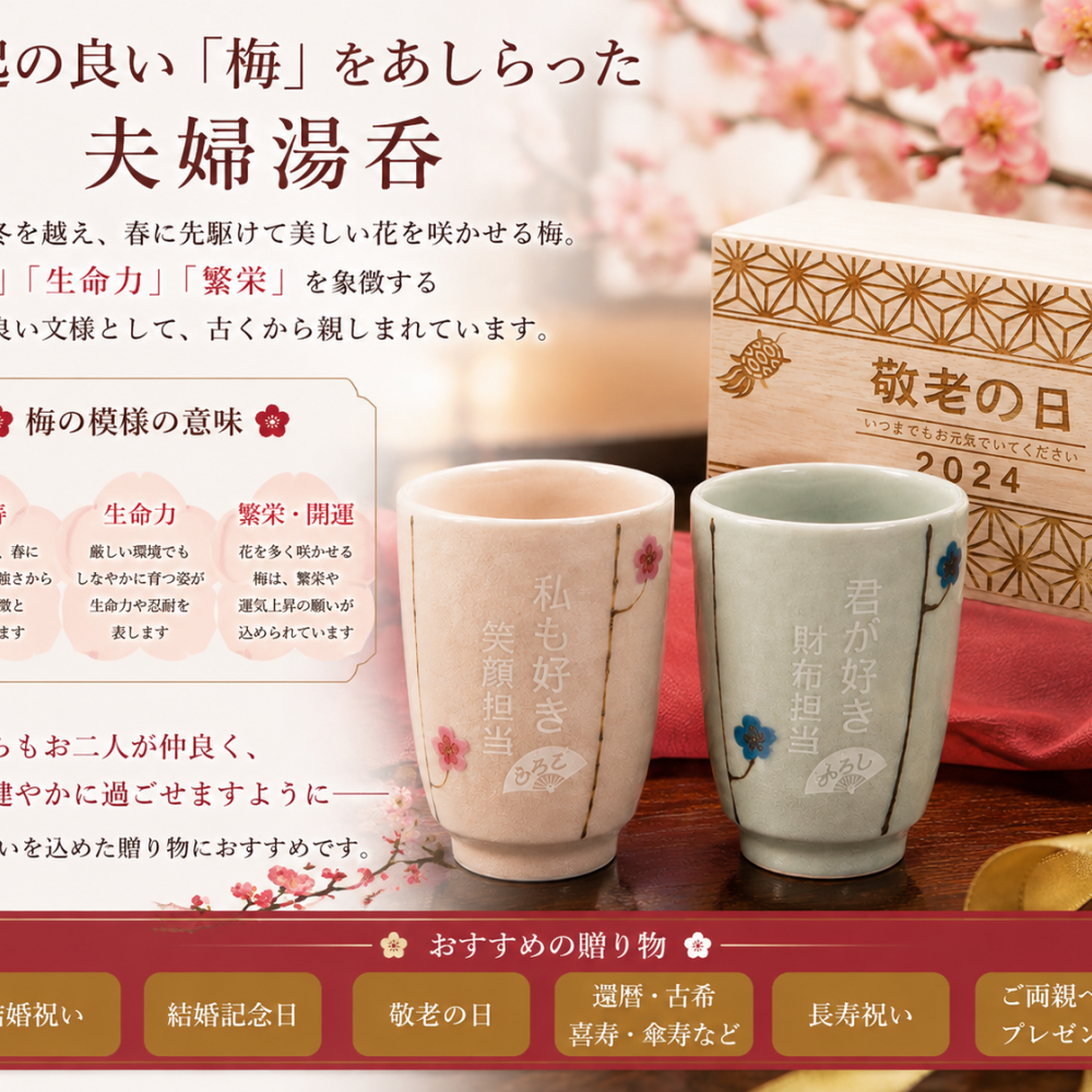 敬老の日 名入れ ペアギフト SXX 波佐見焼 夫婦湯呑 吉祥文様梅モダン ブルー ピンク 2点 木箱入り / プレゼント ギフト 両親 夫婦 結婚 金婚式 銀婚式 退職 記念 誕生日 長寿 祝い 数量限定商品