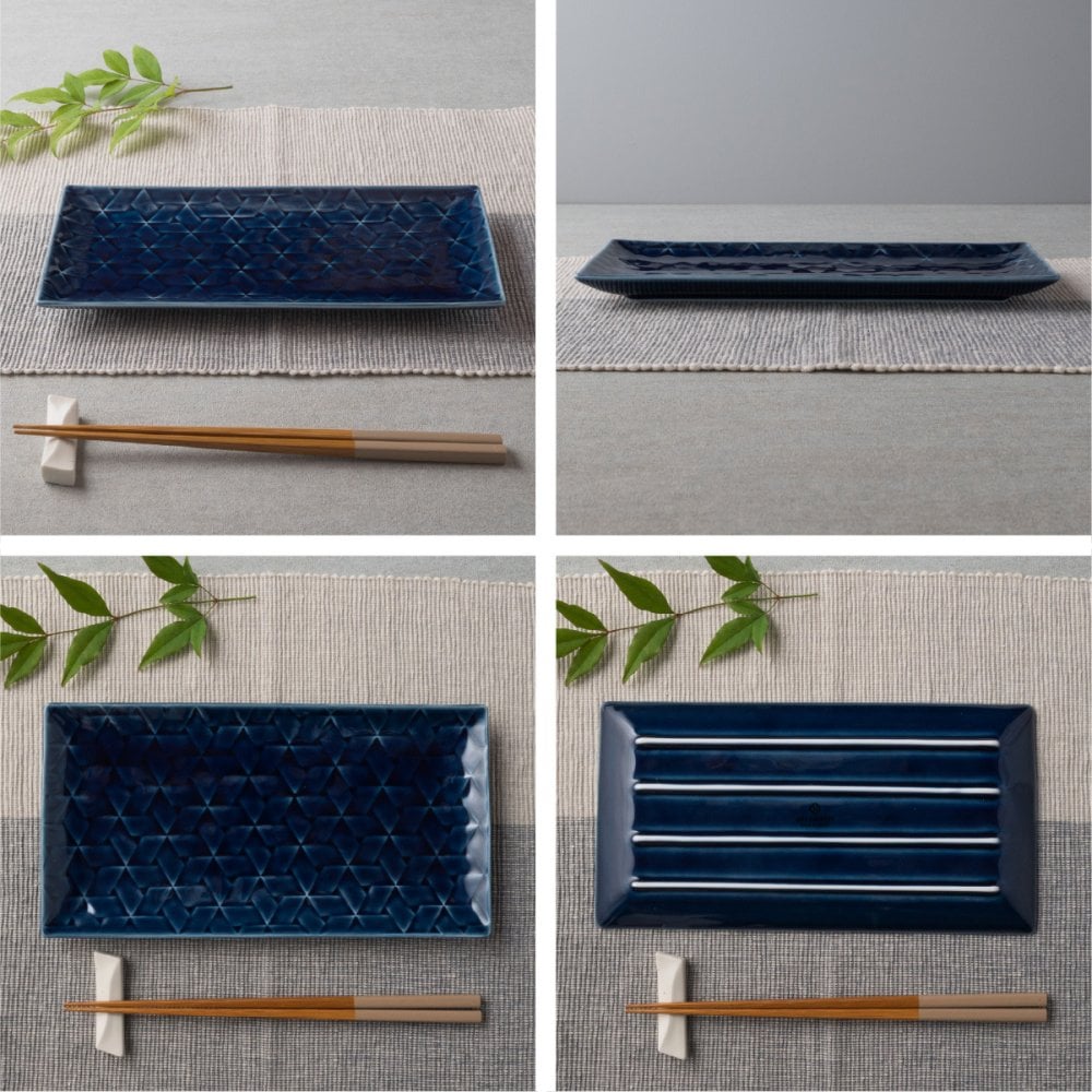 旅籠 長角皿 藍 24.5×13cm 320g ネイビー 長角 プレート 網代 刺身皿 角皿 ホームパーティー おしゃれ インスタ映え 皿 食器 陶器 日本製 美濃焼 和食器 小田陶器 食洗器対応 ギフトカード対応