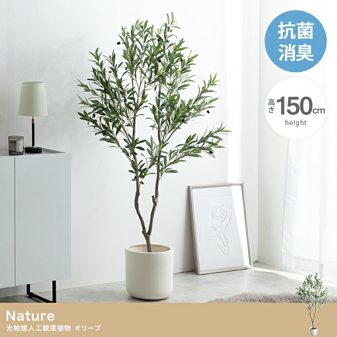照明 ライト ナチュレ 観葉植物 オリーブ フェイクグリーン 人工 室内 リビング オフィス 一人暮らし 緑 光触媒 空気清浄 消臭 抗菌 防汚 ホルムアルデヒド分解 高さ150cm 造花 おしゃれ 植木 鉢植え 観賞用 グリーン