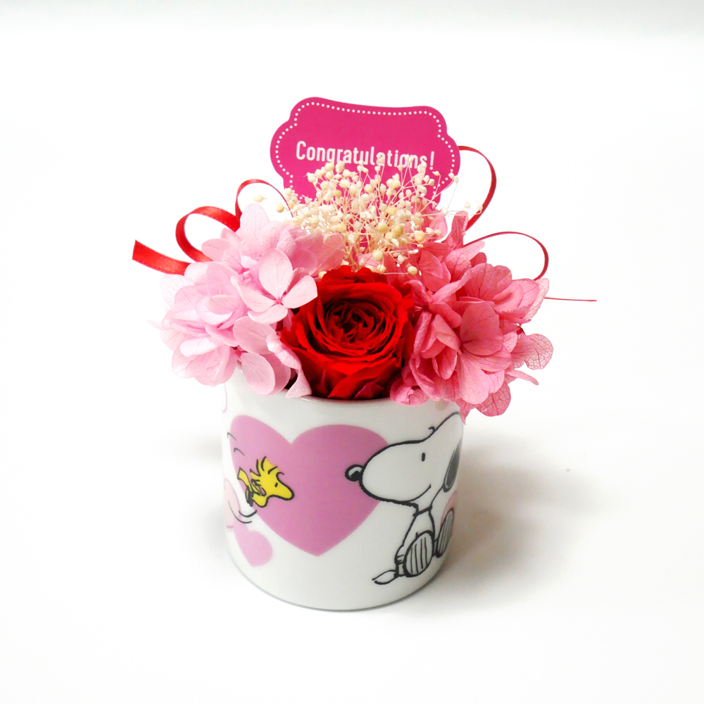 【公式ライセンス商品】スヌーピーハートミニカップレッド（Thank you・Happy Birthday・Congratulations) / プリザーブドフラワー 花 お花 フラワー フラワーギフト キャラ スヌーピー かわいい 雑貨 インテリア プレゼント ギフト 母の日 誕生日 記念日 お祝い