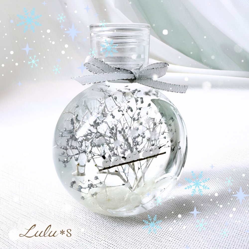 【冬の森】シマエナガ ハーバリウム 150ml | 6羽 仲良し 家族 | プリザーブドフラワー インテリア 雑貨 | 誕生日 プレゼント 女性 鳥好き | Lulu's ルルズ