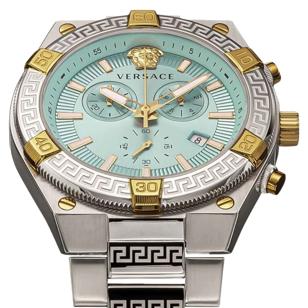 ヴェルサーチェ 腕時計 メンズ ライトブルー アクアブルー シルバー ゴールド クロノグラフ 46mm VERSACE SPORTY GRECA スイス製 メンズ腕時計 高級 ブランド おしゃれ プレゼント ギフト 成人 卒業 入学