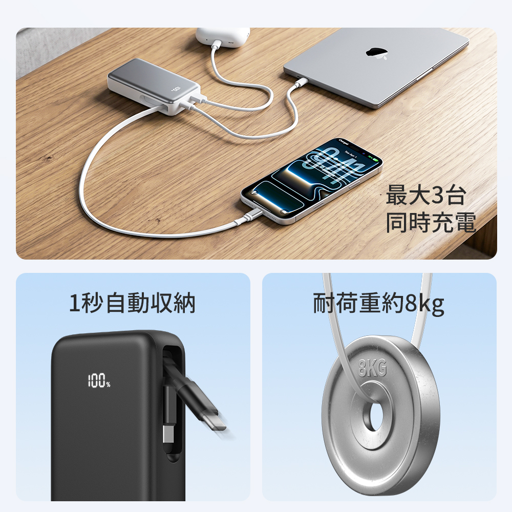 モバイルバッテリー 巻き取り式 ケーブル一体型 20000mAh 20W 3台同時充電 Type-Cケーブル内蔵 Type-C /USB-A出力 リール 伸縮ケーブル PD対応 残量表示 PSE認証済 機内持込可 旅行 出張 停電対策 防災グッズ