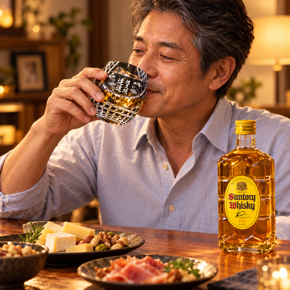 退職 異動 名入れ SXX 酒セット 切子 ウイスキー サントリーウイスキー角瓶 180ml & セミクリスタル 丸型ロックグラス コサージュ付 ギフトBOX入り / プレゼント ギフト 退職 記念 誕生日 還暦 古希 喜寿 傘寿 米寿 緑寿 早寿 長寿 祝い 赤 紺 紫 黄 選べるカラー