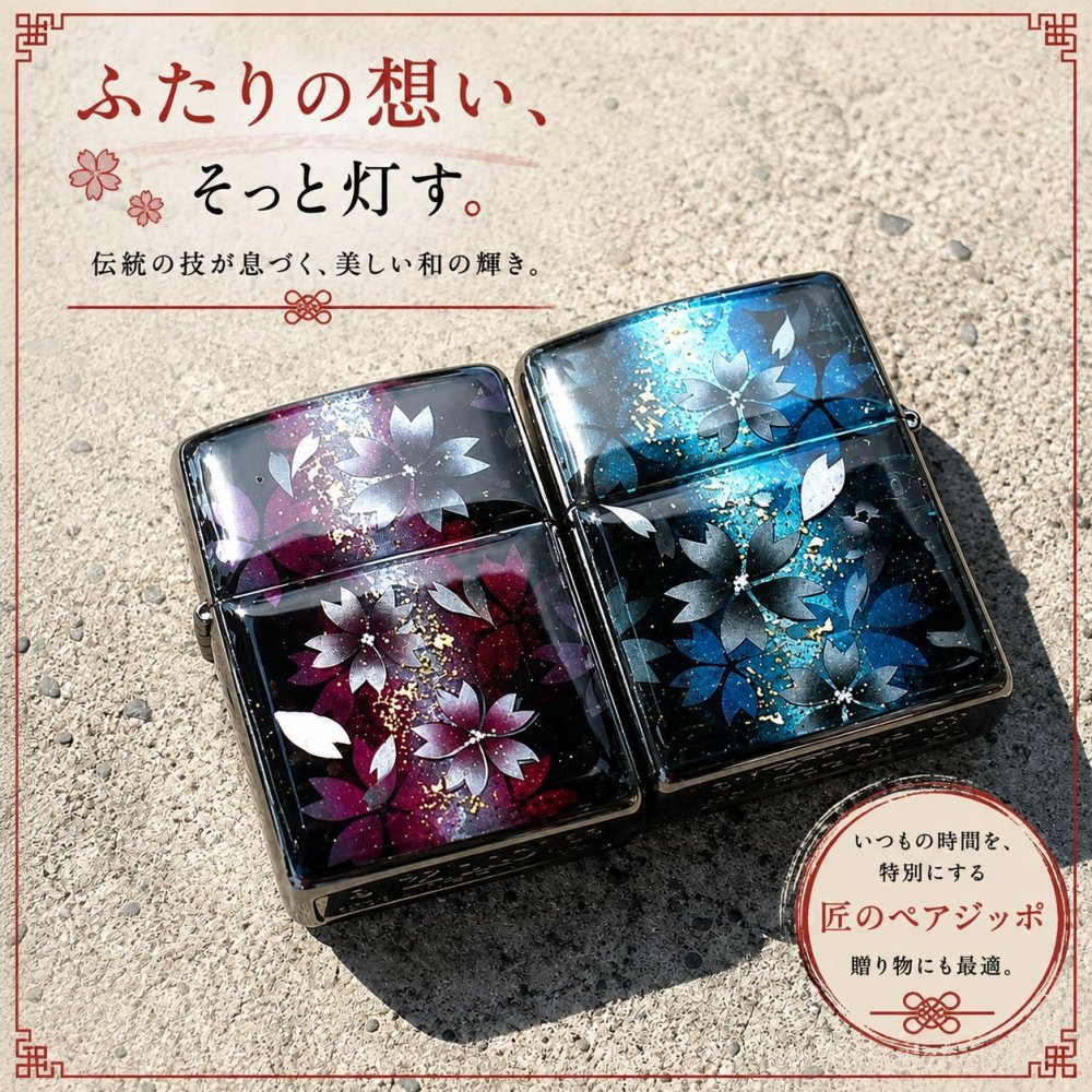 職人の手作り！和柄ペアzippo「祖」名入れ 送料無料 和風 桜 工芸 ハンドメイド ジッポ ライター 喫煙具 電子タバコ アイコス イルマ ギフト プレゼント