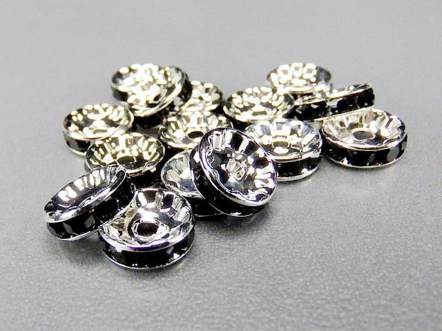 ラインストーンロンデルまとめ売り卸売り黒色銀平型10mm100個