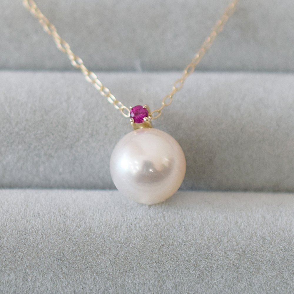［pearl603］8mm - 8.5mm ホワイトピンク ペンダント ネックレス 7月 誕生石 ルビー あこや真珠