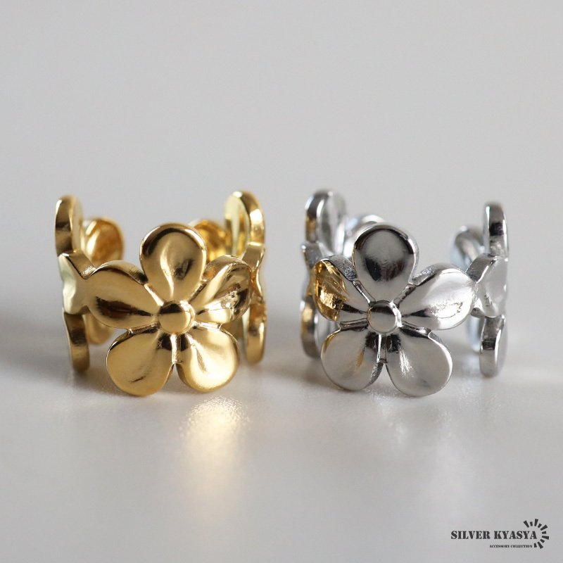 ステンレス フラワーイヤーカフ お花イヤーカフ シンプル かわいい 透かし メタル ゴールド 18KGP シルバー 片耳1点 プチプラ 耳の穴不要 痛くない レディース 女性 金属アレルギー対応フェイクピアス ノンホール イヤリング