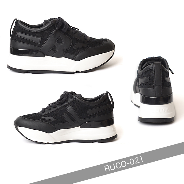 ルコライン スニーカー ルコライン 靴 RUCO LINE RUCO-021BK PIZZO CALF PU レース生地 合皮 ブラック 黒 Rマーク 新ソールタイプ ローカット ファスナー無し