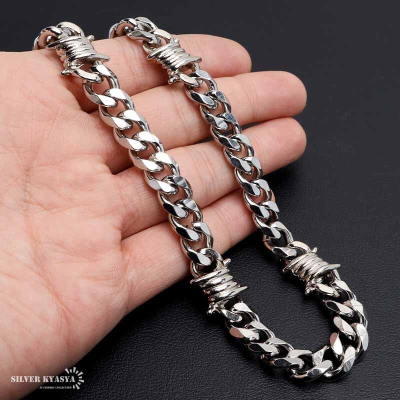 ステンレス 有刺鉄線ネックレス 6面カット 喜平チェーンネックレス オニハリバーブ シルバー 重厚感 個性的 メンズ 男性 金属アレルギー対応