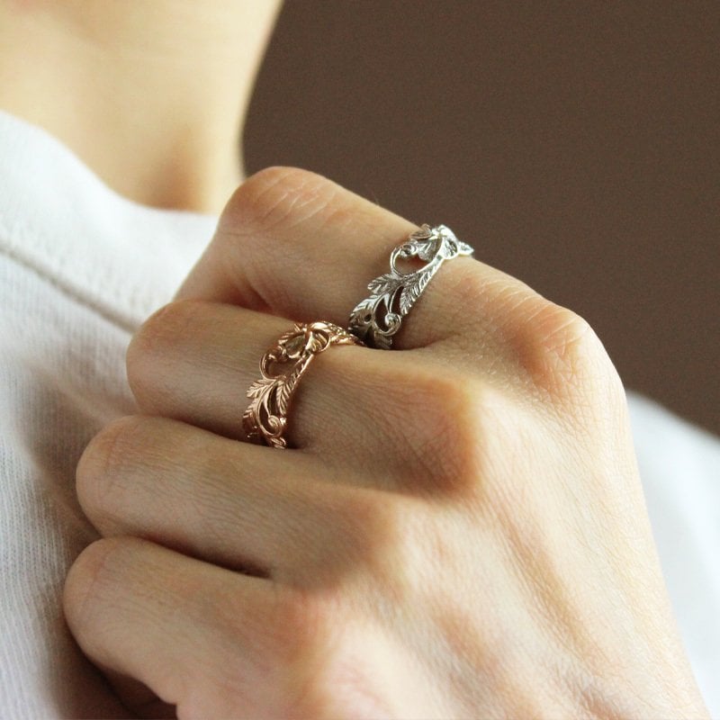 【Hawaiian Ring】繊細な透かし彫り プルメリア＆リーフ ハワイアンリング  指輪 ステンレス 安い 高品質 結婚記念日 夫婦ペア 無料ラッピング ジーラブ