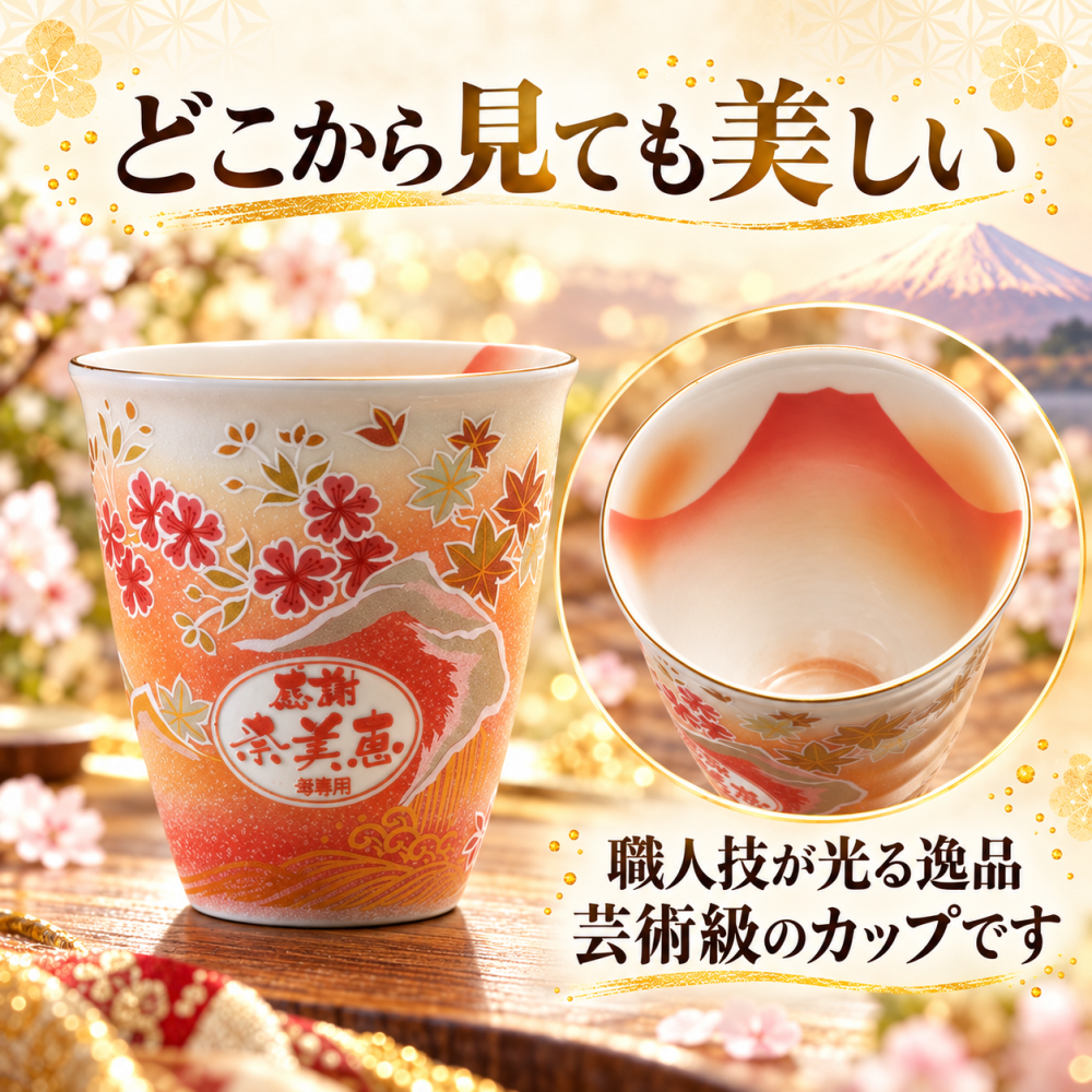 退職 異動 名入れ ギフト SXX 酒セット 日本酒 久保田 吟醸 千寿 300ml & 有田焼 桜もみじプレミアムフリーカップ コサージュ付 ギフトBOX入り / プレゼント ギフト 退職 記念 誕生日 還暦 傘寿 米寿 緑寿 長寿 祝い