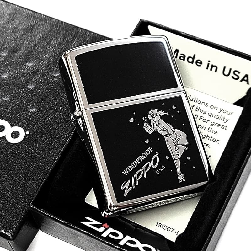 ZIPPO ウインディハート ブラック×シルバー ジッポ かっこいい ライター 鏡面 メンズ Windy おしゃれ 両面プリント加工 ギフト 銀 黒 ウインディHeart プレゼント オイルライター メンズ レディース