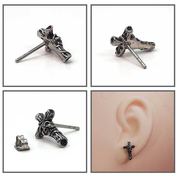 シルバーピアス メンズ スカル×クロス スタッド 金属アレルギー対応ステンレス1P 片耳用 片方 シングル 骸骨 ドクロ 髑髏 黒 ブラック アラベスク 男性用 アクセサリー おしゃれ かっこいい【全品1個ずつバラ売り】 プレゼント