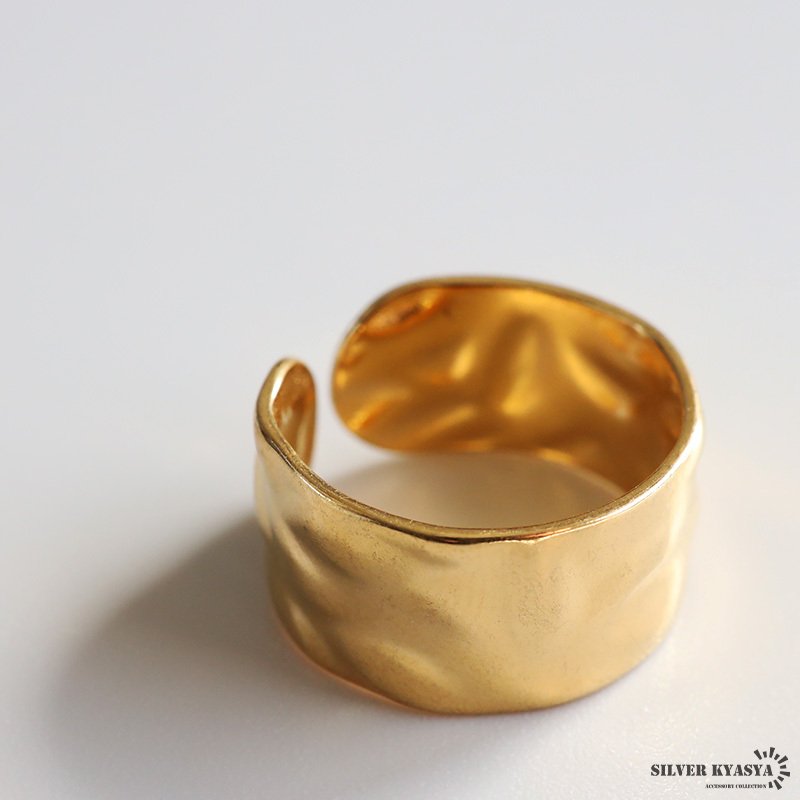 ステンレス ゆがみリング ワイドリング 槌目模様 凹凸 マットリング シンプルリング ゴールド 18K GP シルバー フリーサイズ レディース 女性 指輪 金属アレルギー対応