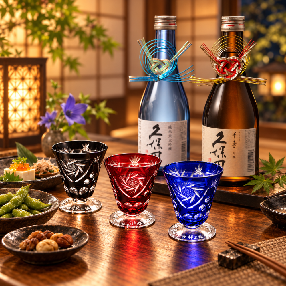 退職 異動 名入れ ペアギフト SXX 酒セット 日本酒 久保田 千寿 純米吟醸・吟醸 300ml & 切子 足付 お猪口 2点 水引飾り付 ギフトBOX入り / プレゼント ギフト 夫婦 結婚 金婚式 銀婚式 退職 記念 誕生日 長寿 祝い 冷酒盃 赤 青 黒 選べるカラー 飲み比べ