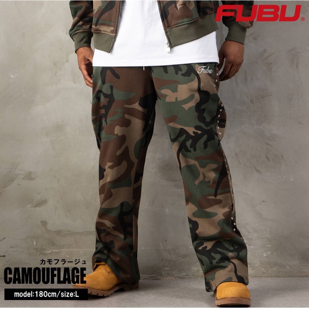 FUBU フブ フレアパンツ メンズ レディース fam-62507 スタッズ フレア スウェットパンツ ブーツカット イージーパンツ 迷彩 カモフラ 刺繍 スケート ストリート ヒップホップ ダンス カジュアル ボトムス M L XL XXL 2026FW Karlas