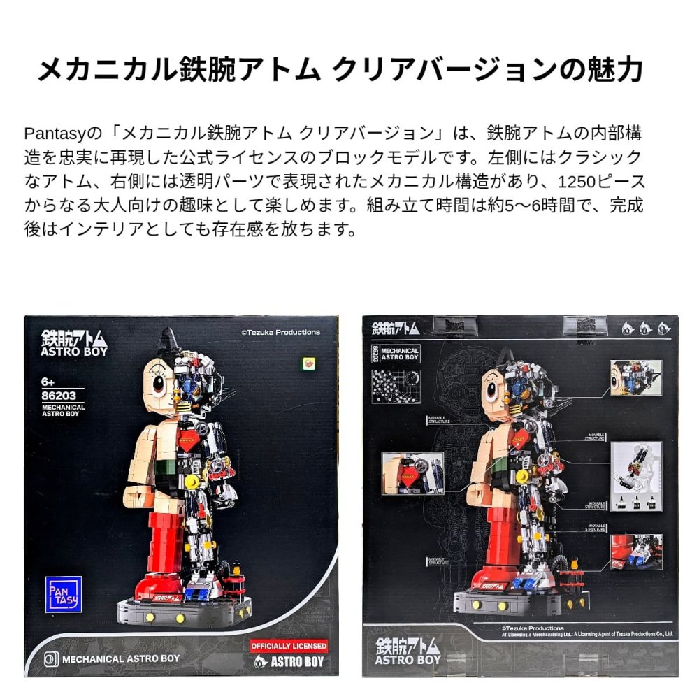 Pantasy（パンタジー）メカニカル鉄腕アトム クリアバージョン　86203　1250ピースブロック　対象年齢6歳以上　大人も楽しめる　ビルディングブロックキット　腕、肘、指は可動式ストラクチャー採用　手塚プロダクション公式ライセンス