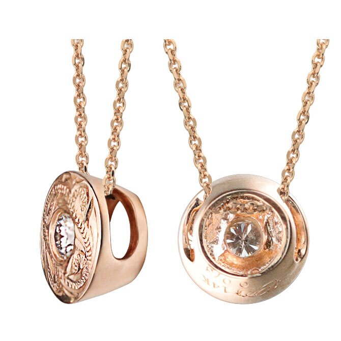 ハワイアンジュエリー ダイヤモンド ピンクゴールド ネックレス ラウンド 14K K14ピンクゴールド 一粒ダイヤモンド 鑑定書付 14k カットあずきチェーン太0.9mm ギフトラッピング可能 彼女 妻 女性 レディース プレゼント ハロウィン 【品番：CG-GP104R-CH123】