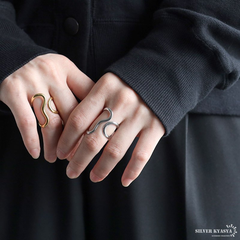 ステンレス 大ぶり ニュアンスリング ワイヤーリング 透かし 個性的 変形リング ゴールド 18K GP シルバー フリーサイズ レディース 女性 指輪 金属アレルギー対応