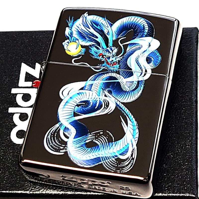 ZIPPO 青龍 ブルー ドラゴン 和柄 ジッポ ライター ブラックニッケル 黒 和風 かっこいい 竜 お守り おしゃれ メンズ ギフト プレゼント