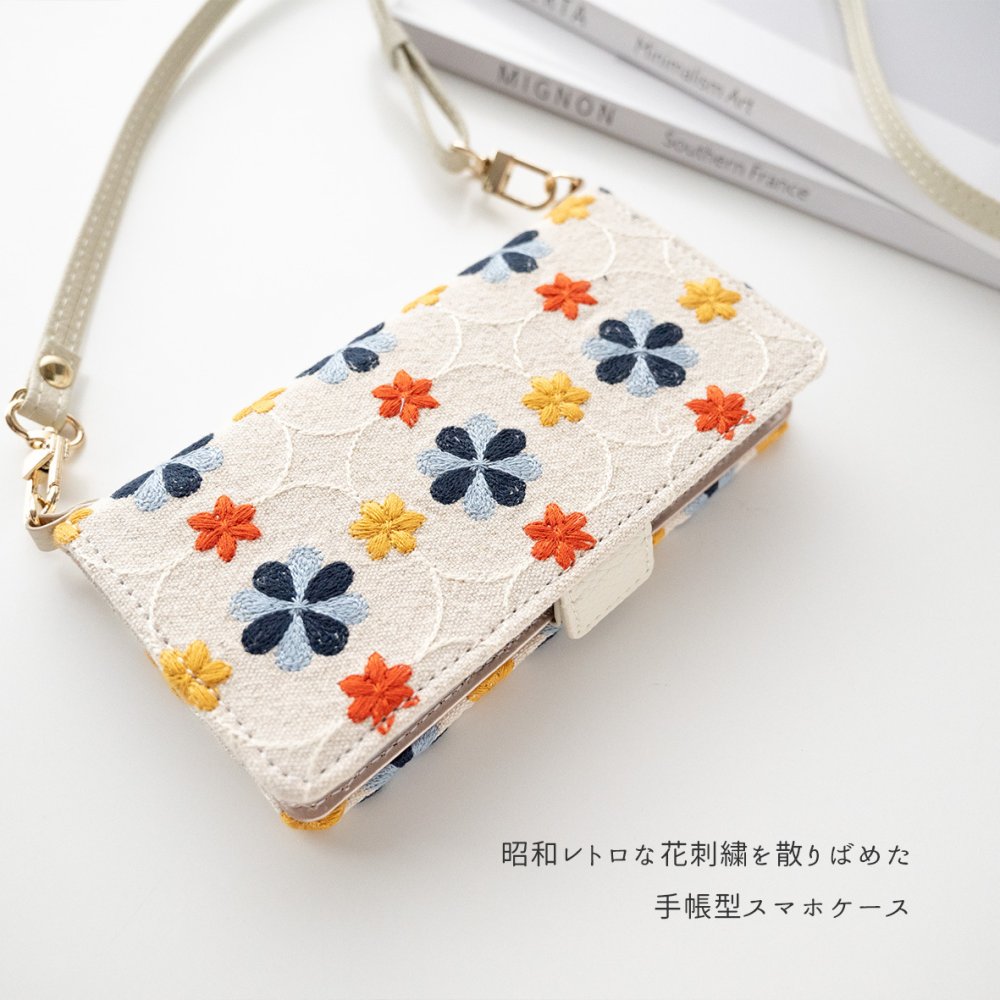 多機種対応 スマホケース 手帳型 【 レトロ花つづり 】 刺繍 サイドマグネット 北欧風 フラワー iPhone18Pro プレゼント