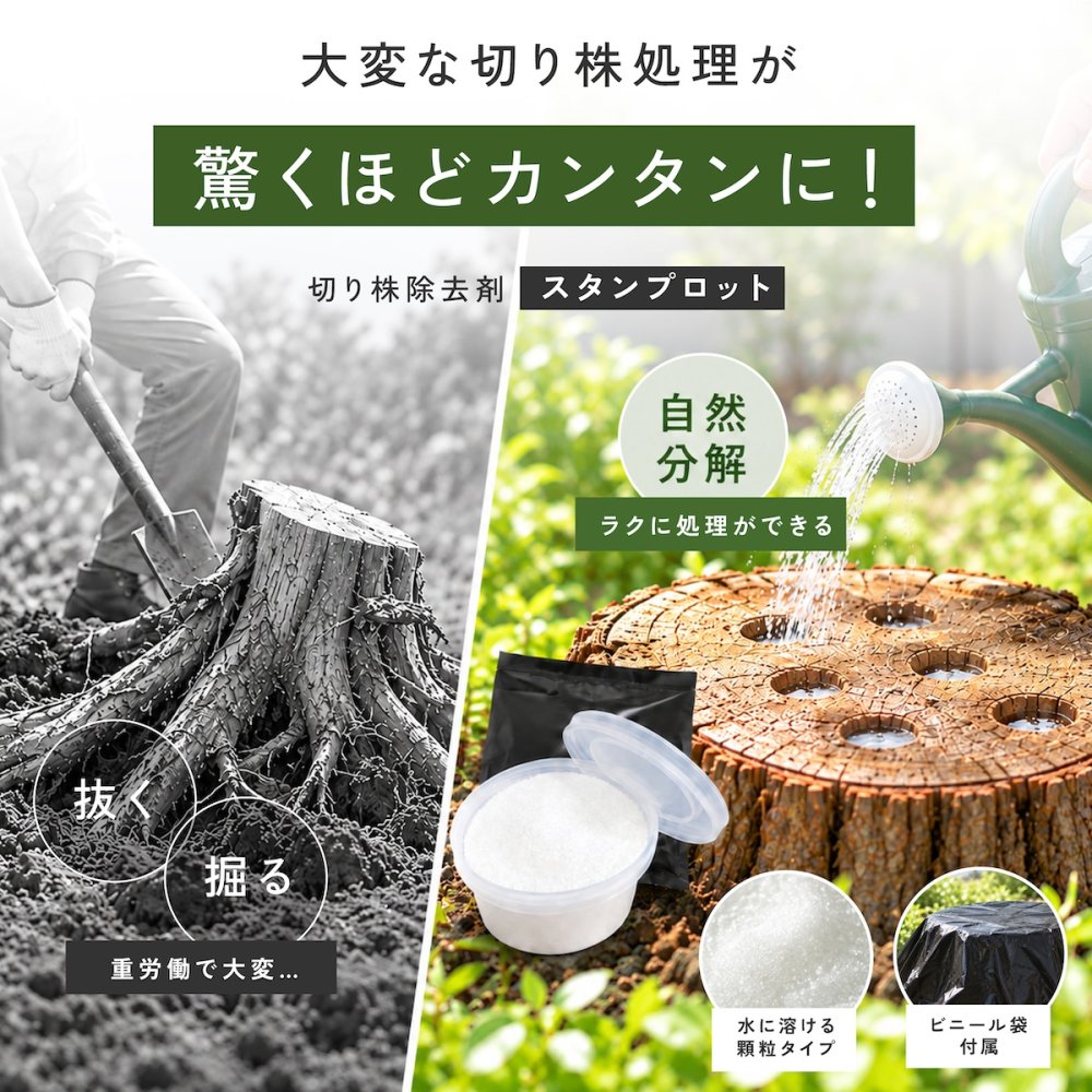切り株処理剤 スタンプロット 400g 単品 2個セット 切り株の処理 切り株除去 繊維分解 ガーデニング 庭 手入れ 庭木 樹木 根株 木の根 除去 顆粒タイプ 水に溶ける 庭のお手入れ 枯れ木処理 園芸用品 伐採後 処理 切株処理 抜根補助 日本製