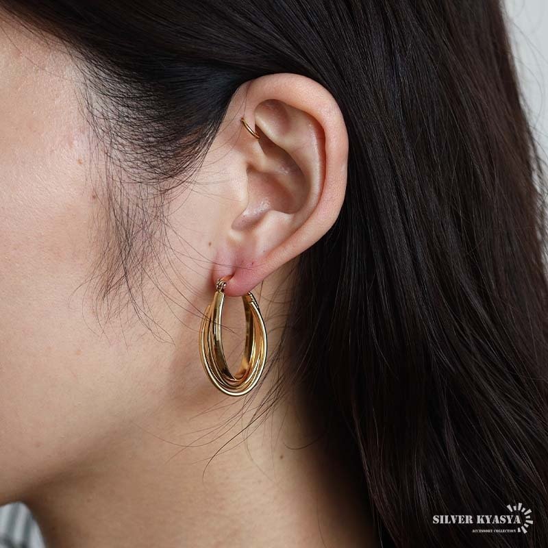 ステンレス 大ぶりピアス 3連ピアス ツイストピアス フープピアス ゴールド シルバー プチプラ 大きめ 存在感 メタル ワイド 両耳2点 レディース 女性 金属アレルギー対応 イヤリング