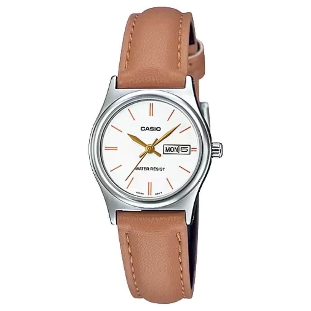 箱なし カシオ 腕時計 レディース CASIO ホワイト ブラウン シルバー レザー 革ベルト 海外モデル 逆輸入 カレンダー 曜日 日付 小さめ シンプル 仕事 通勤 就職祝い 誕生日 母の日 プレゼント ギフト 成人 卒業 入学